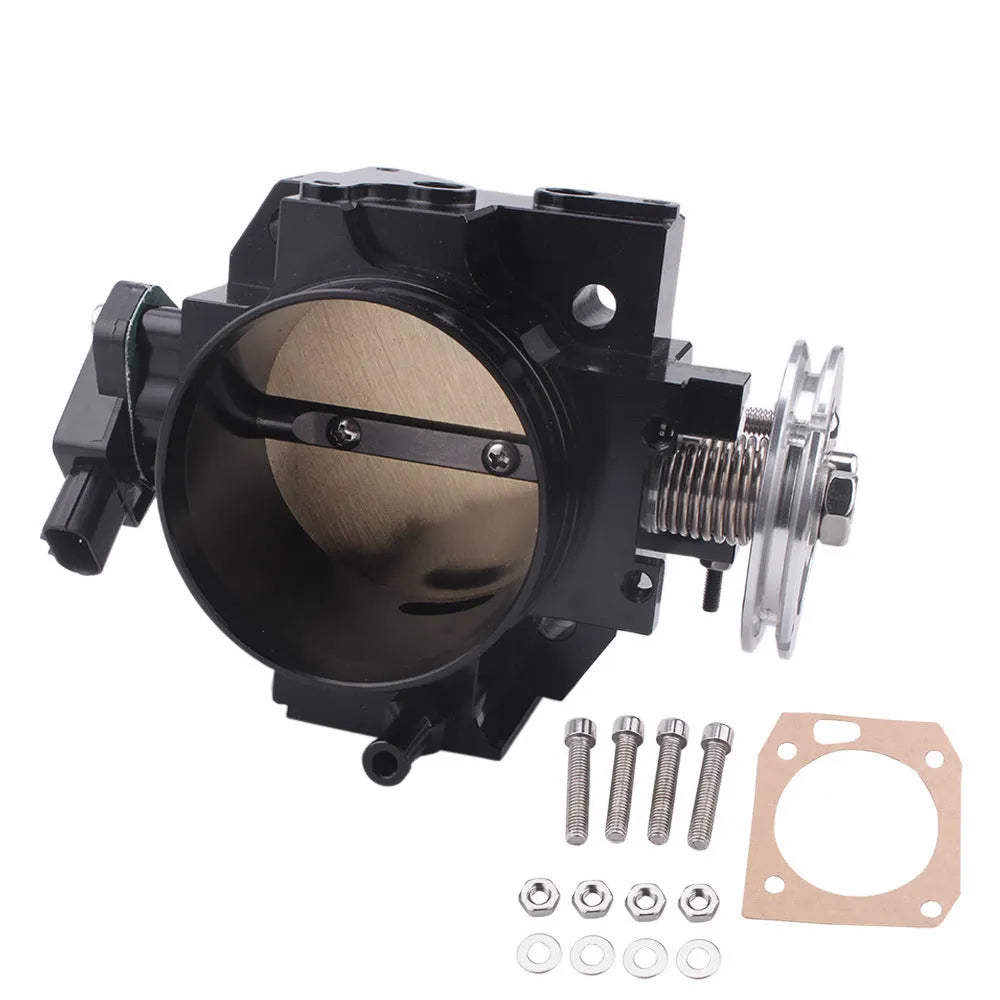 Aluminium throttle body valve for Honda K20A engine, shown in black and silver, 70mm diameter.