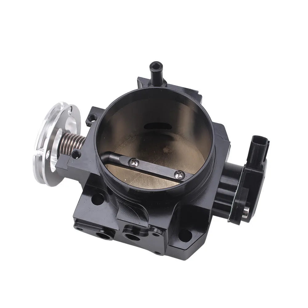 Aluminium throttle body valve for Honda K20A engine, shown in black and silver, 70mm diameter.
