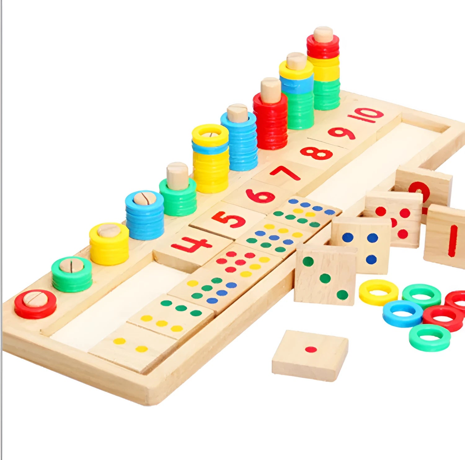 Montessori teaching log board made of rubber wood with a plastic ring, packed size 43 x 14 x 4.5 cm