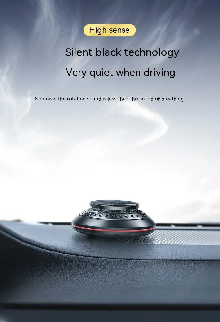 Solar-powered car air purifier in black, red, or silver aluminium alloy with essential oil diffuser