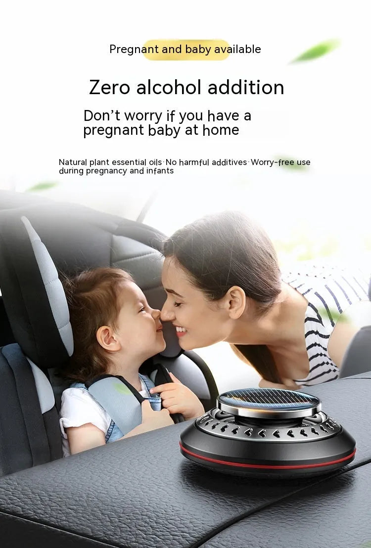Solar-powered car air purifier in black, red, or silver aluminium alloy with essential oil diffuser