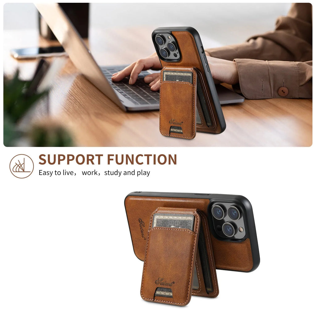 Magnetic card holder two-in-one phone case for iPhone with built-in bracket and card slot, black