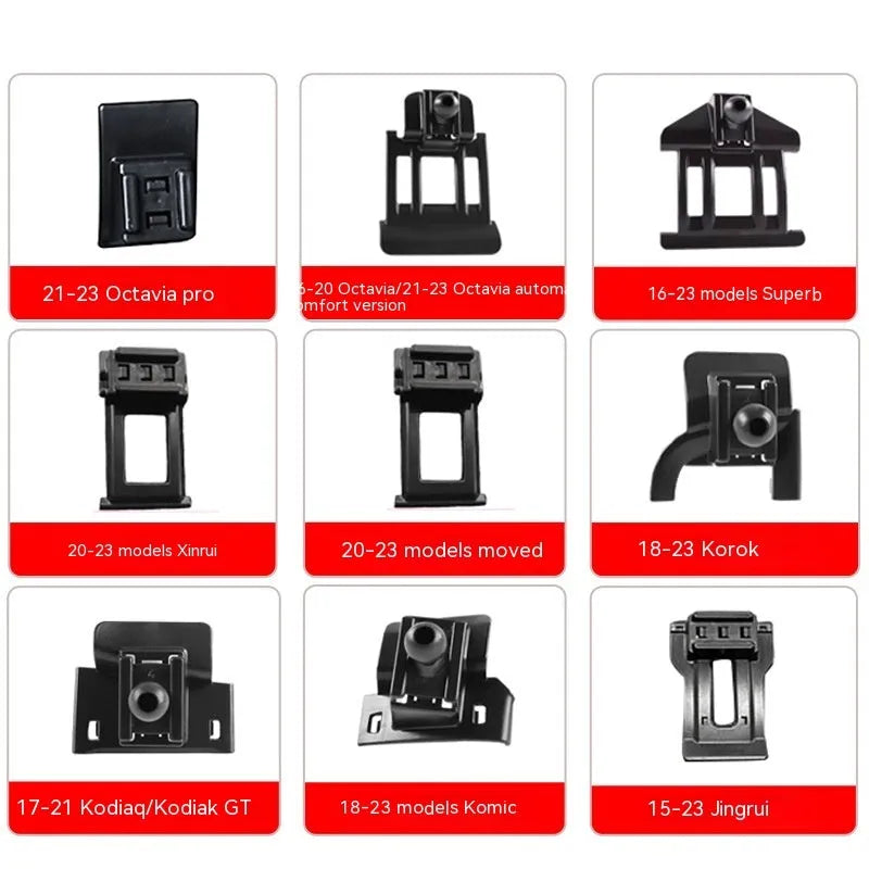 Snap-on car phone bracket for Škoda vehicle air outlets with model compatibility labels