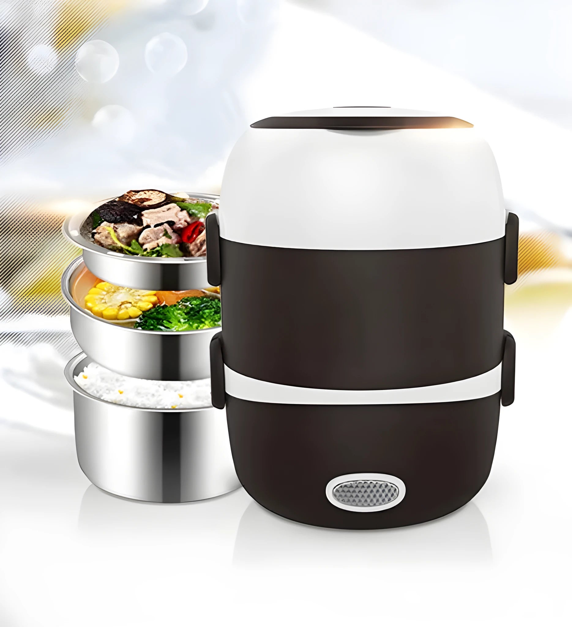 USB electric lunch box showing two-layer and three-layer capacity options with 200W heating power