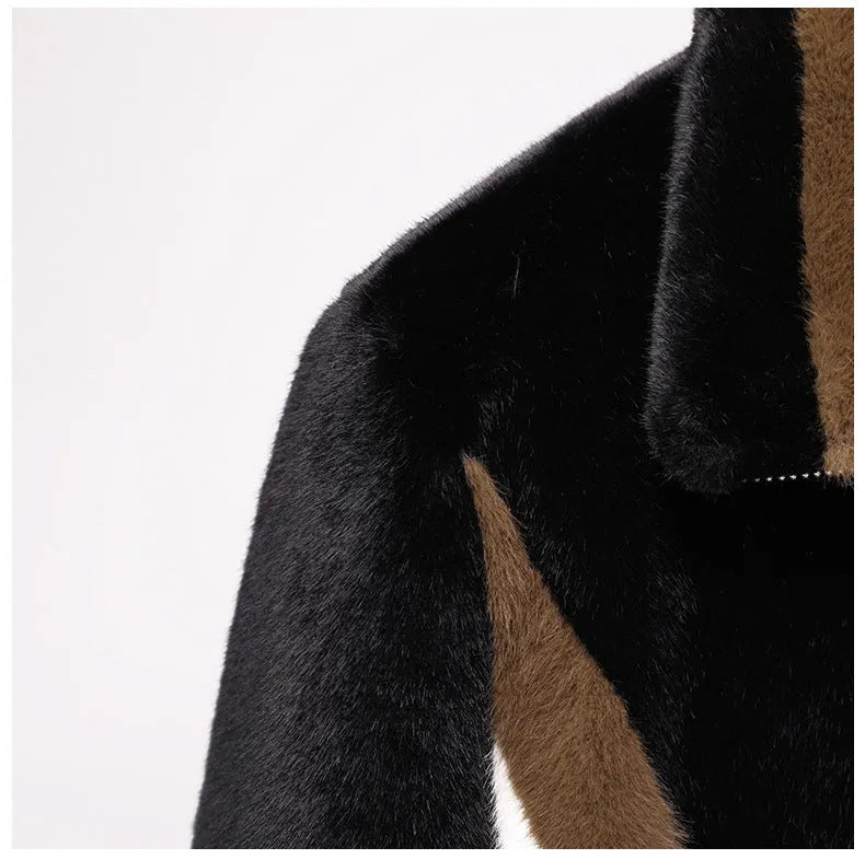 Men's black artificial fur winter jacket, city style, 50cm length, sizes M to 4XL