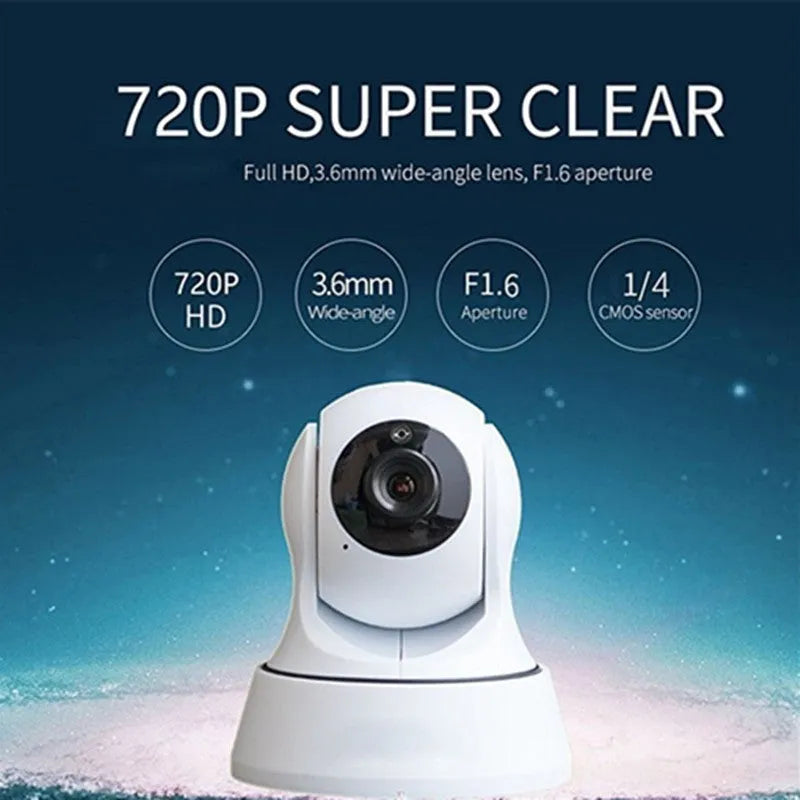 White wireless network camera with 720P HD, 3.6mm lens, 10m night vision, and 355° pan