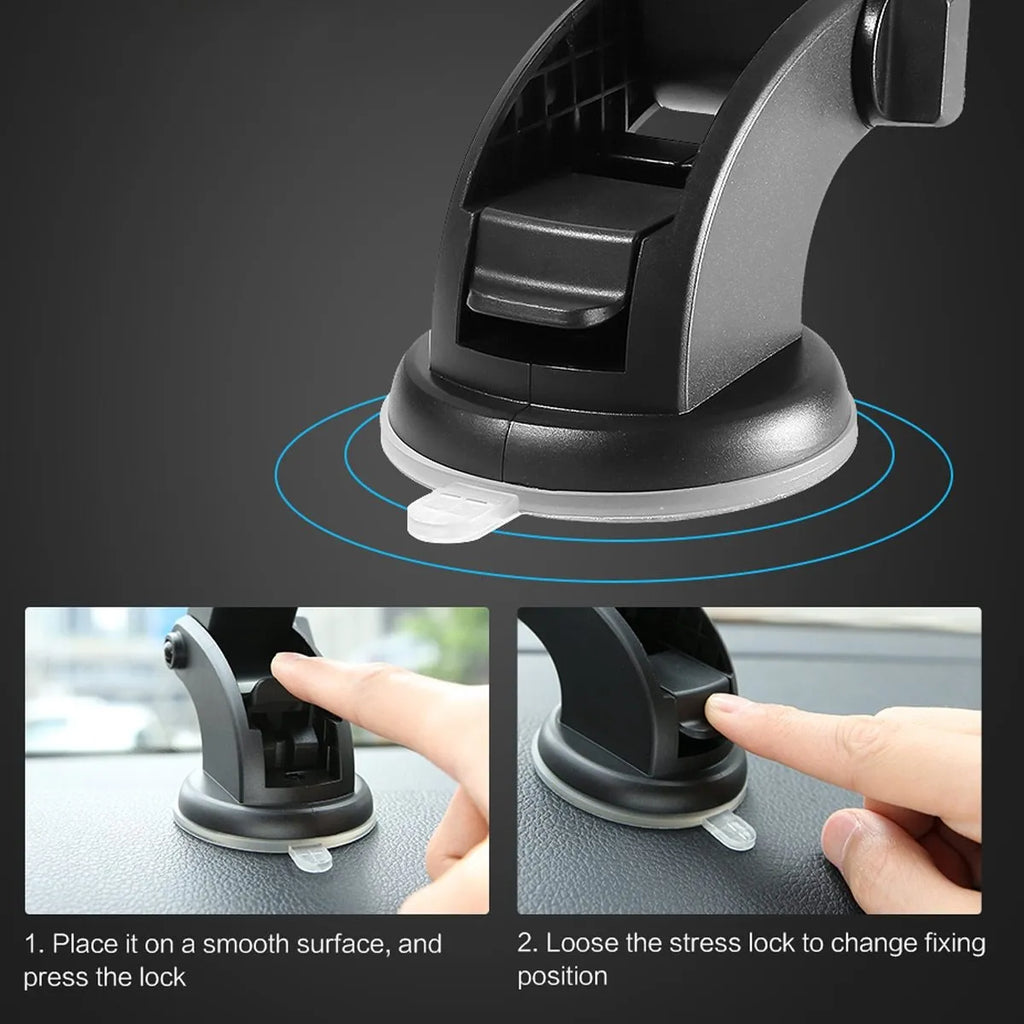 Yellow and black telescopic car phone holder with suction cup mounted on a car dashboard.