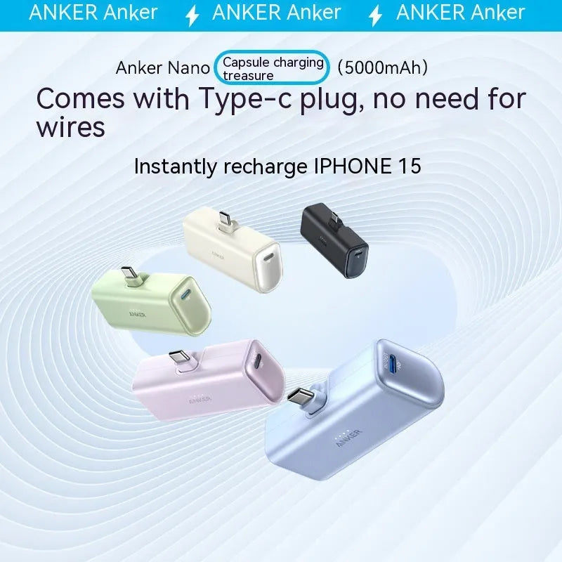Capsule power bank 5000mAh portable charger with foldable Type-C head in five colour options