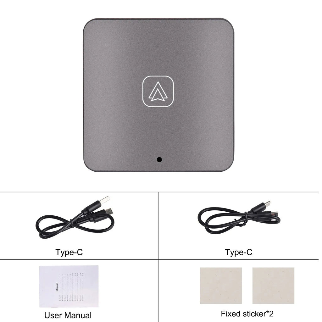 Black wireless CarPlay adapter module with cables for converting wired factory car systems to wireless smartphone integration