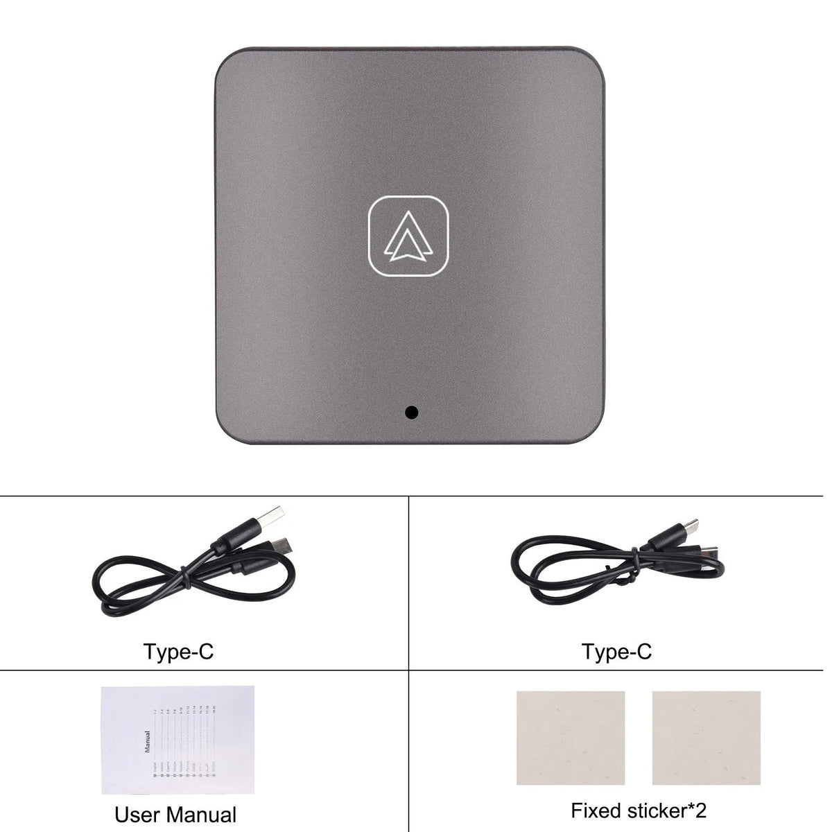 Black wireless CarPlay adapter module with cables for converting wired factory car systems to wireless smartphone integration