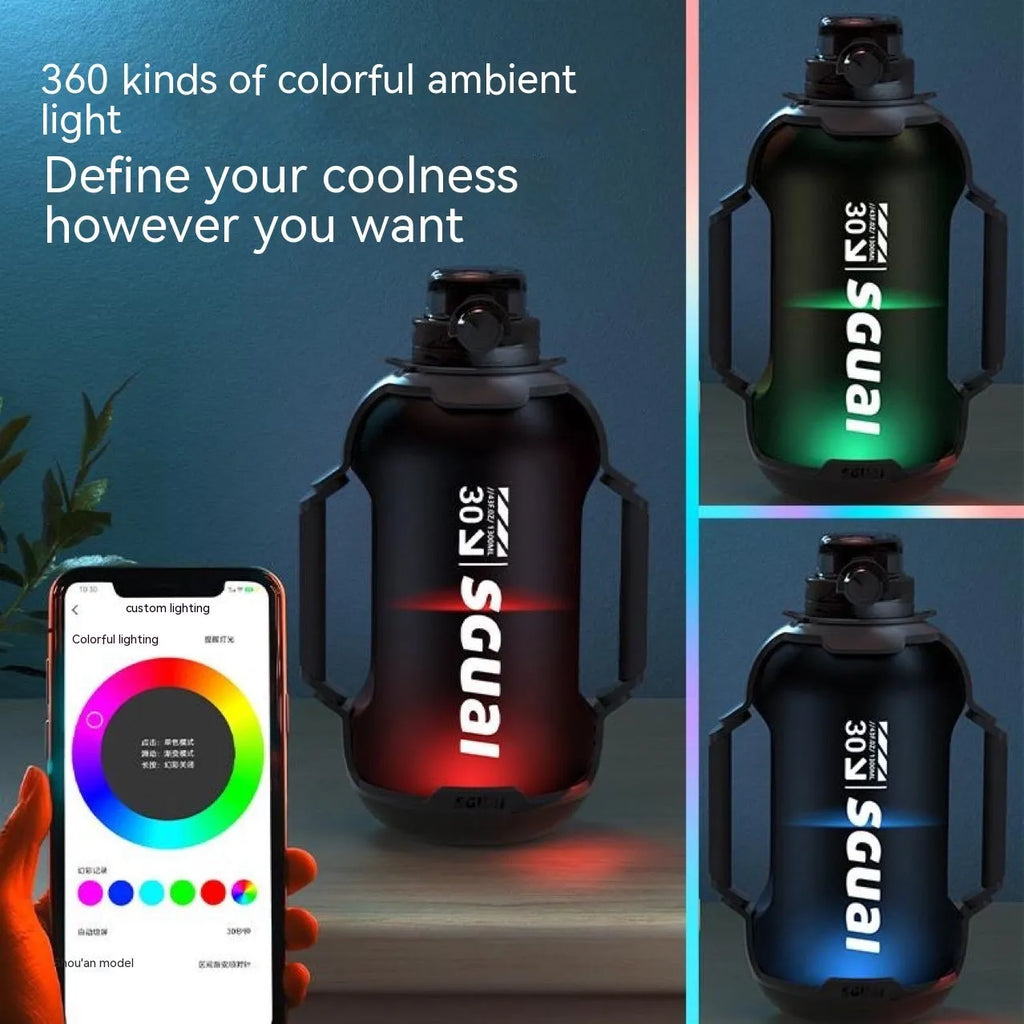 Smart Sports Bottle T30 in Matte Black with 1300ml capacity, wireless charging coaster, and lifting rope on a gym background