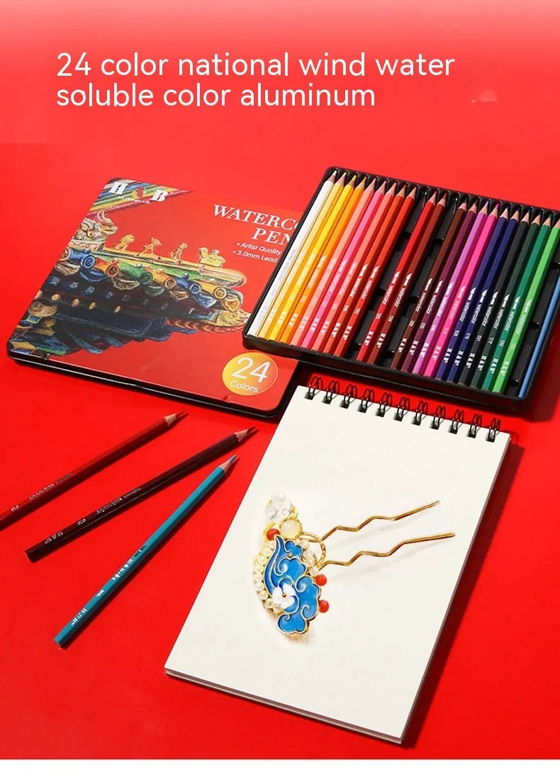 Water-soluble coloured pencil set with 24 colours in iron storage box for drawing and painting
