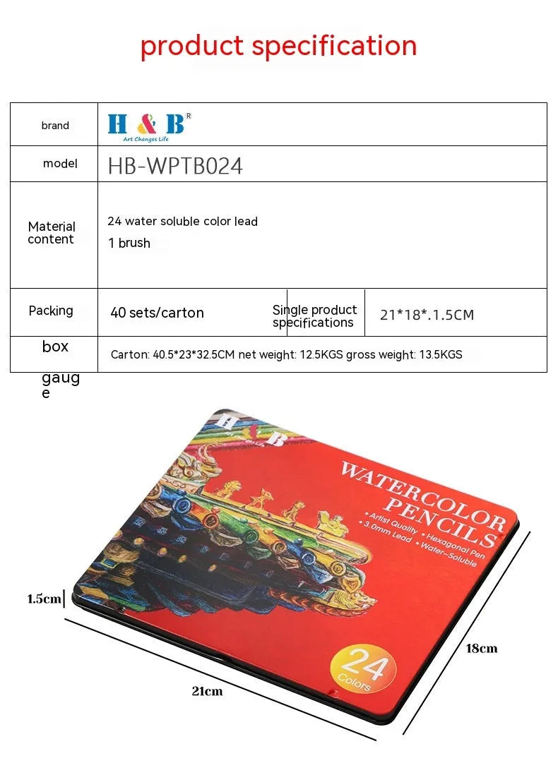 Water-soluble coloured pencil set with 24 colours in iron storage box for drawing and painting
