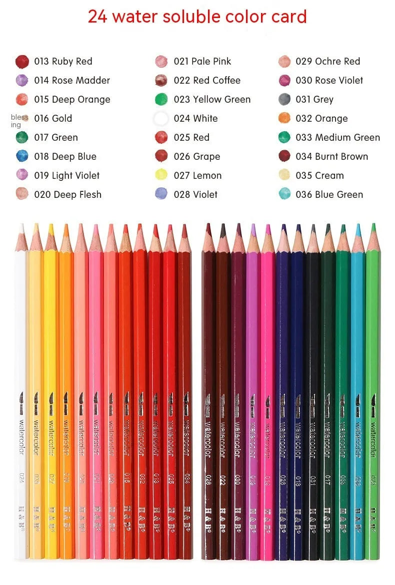 Water-soluble coloured pencil set with 24 colours in iron storage box for drawing and painting