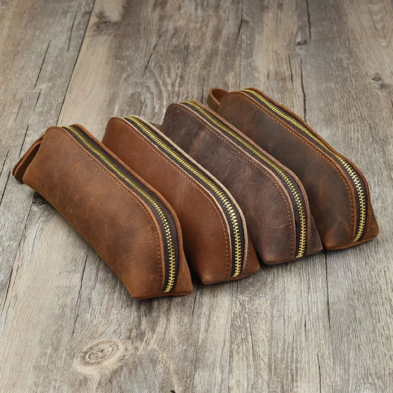 Genuine cowhide leather handmade pencil case with zip closure in black colour
