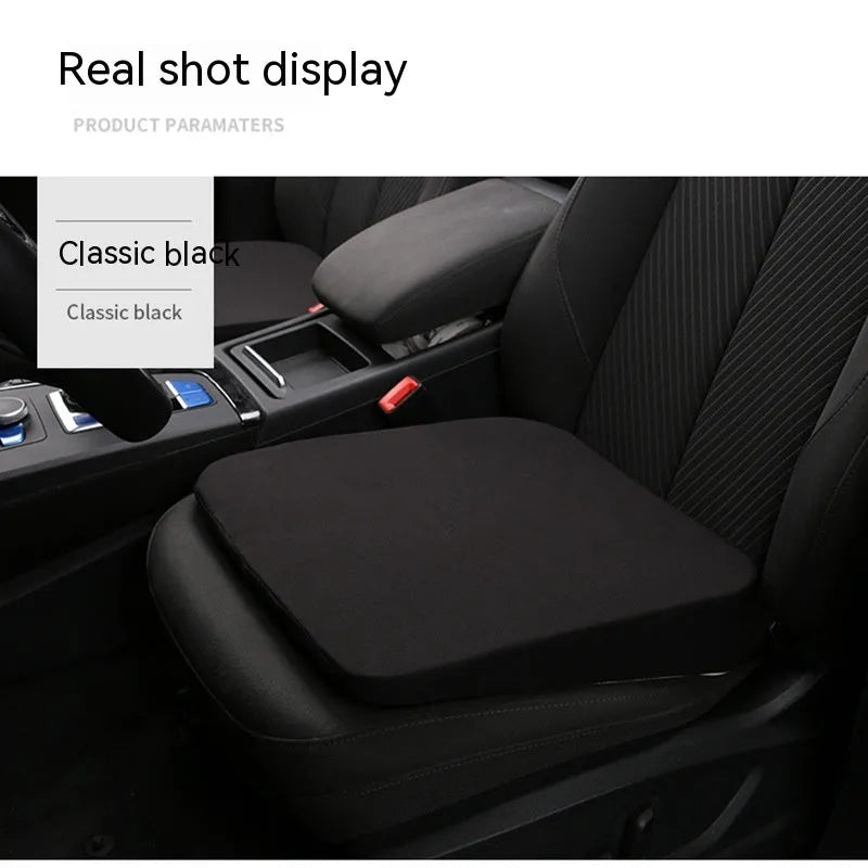 Black car heightening seat cushion with thick foam construction measuring 42x39x6cm