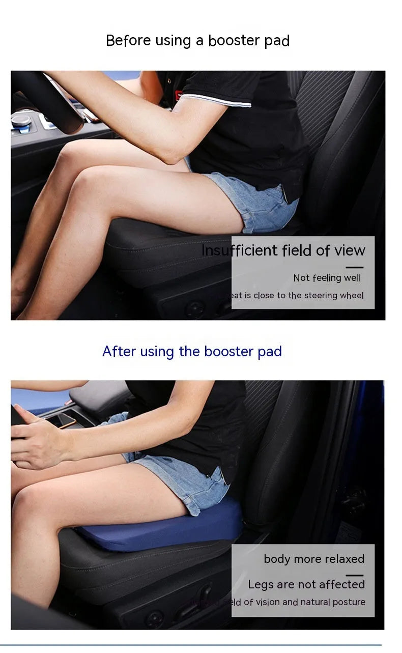 Black car heightening seat cushion with thick foam construction measuring 42x39x6cm