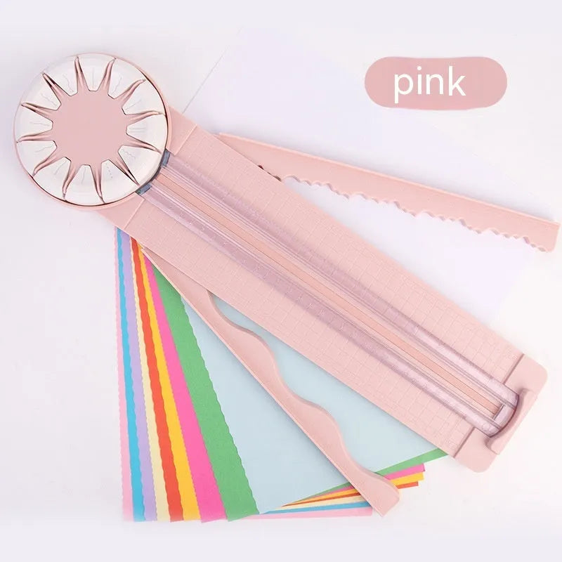 12-in-1 plastic paper cutting machine with dotted cutter measuring 46.2cm long in pink and black colour options