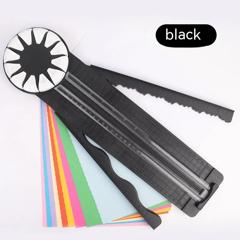 12-in-1 plastic paper cutting machine with dotted cutter measuring 46.2cm long in pink and black colour options