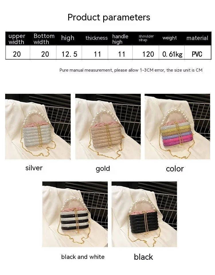 Women's retro style crossbody bag with pearl beading on soft PU material in round dinner bag shape