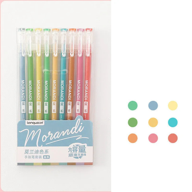 Set of nine retro colour gel pens with 0.5mm needle tips in plastic barrels
