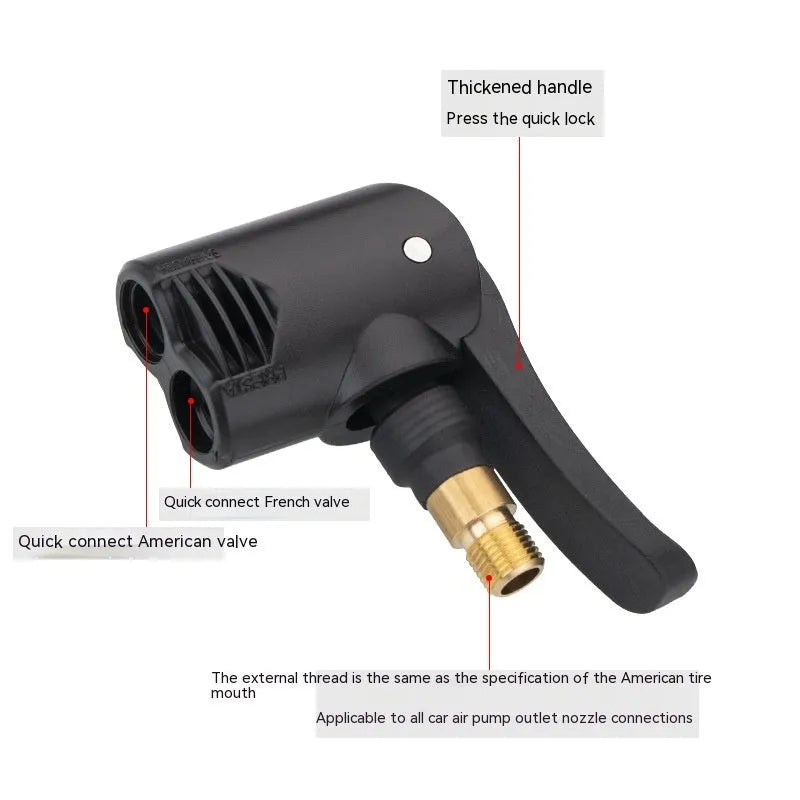Two-in-one vehicle air pump inflatable nozzle with 16cm hose and two connector chucks.