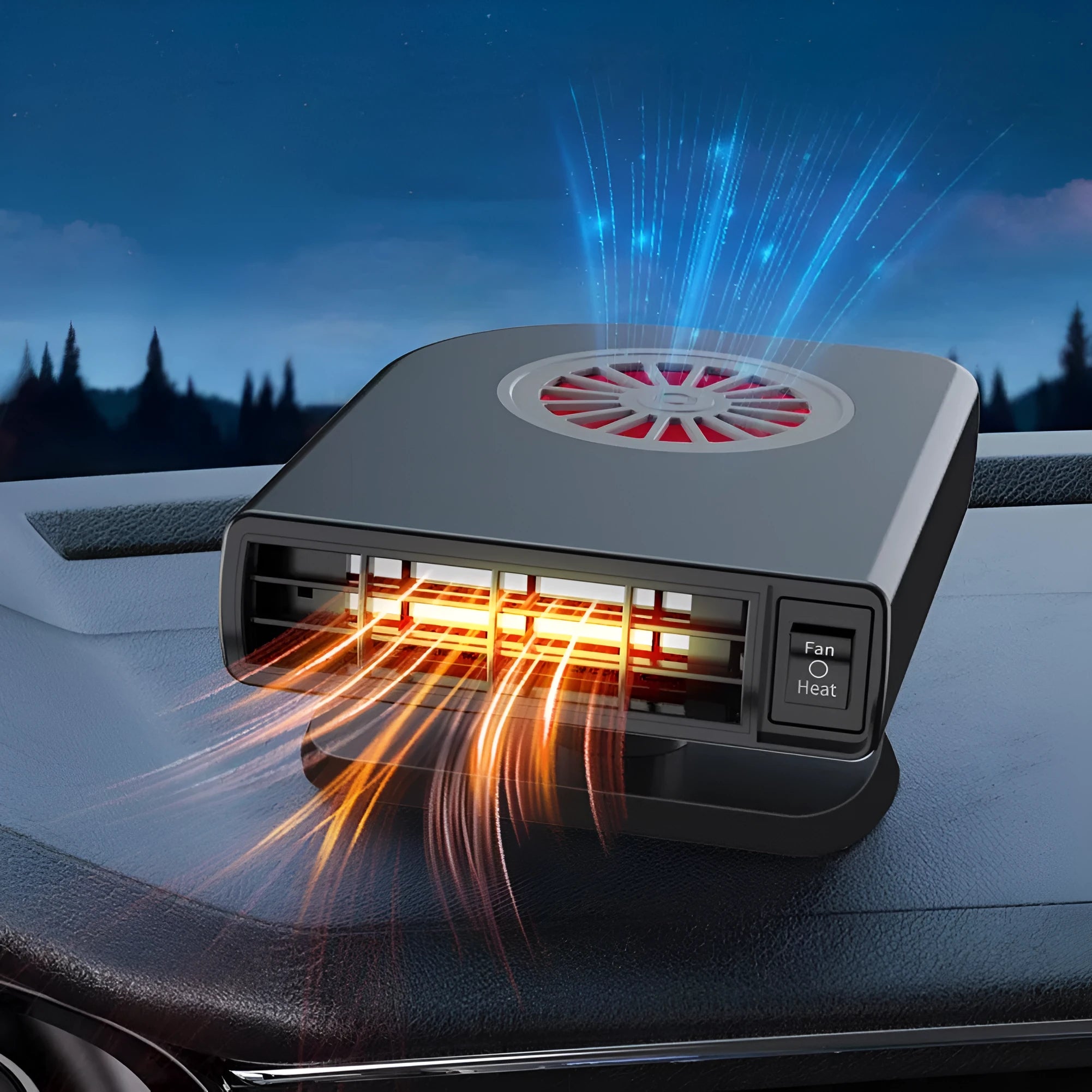 Black ABS vehicle-mounted car heater for defogging, shown with adjustable vents and double-sided adhesive.