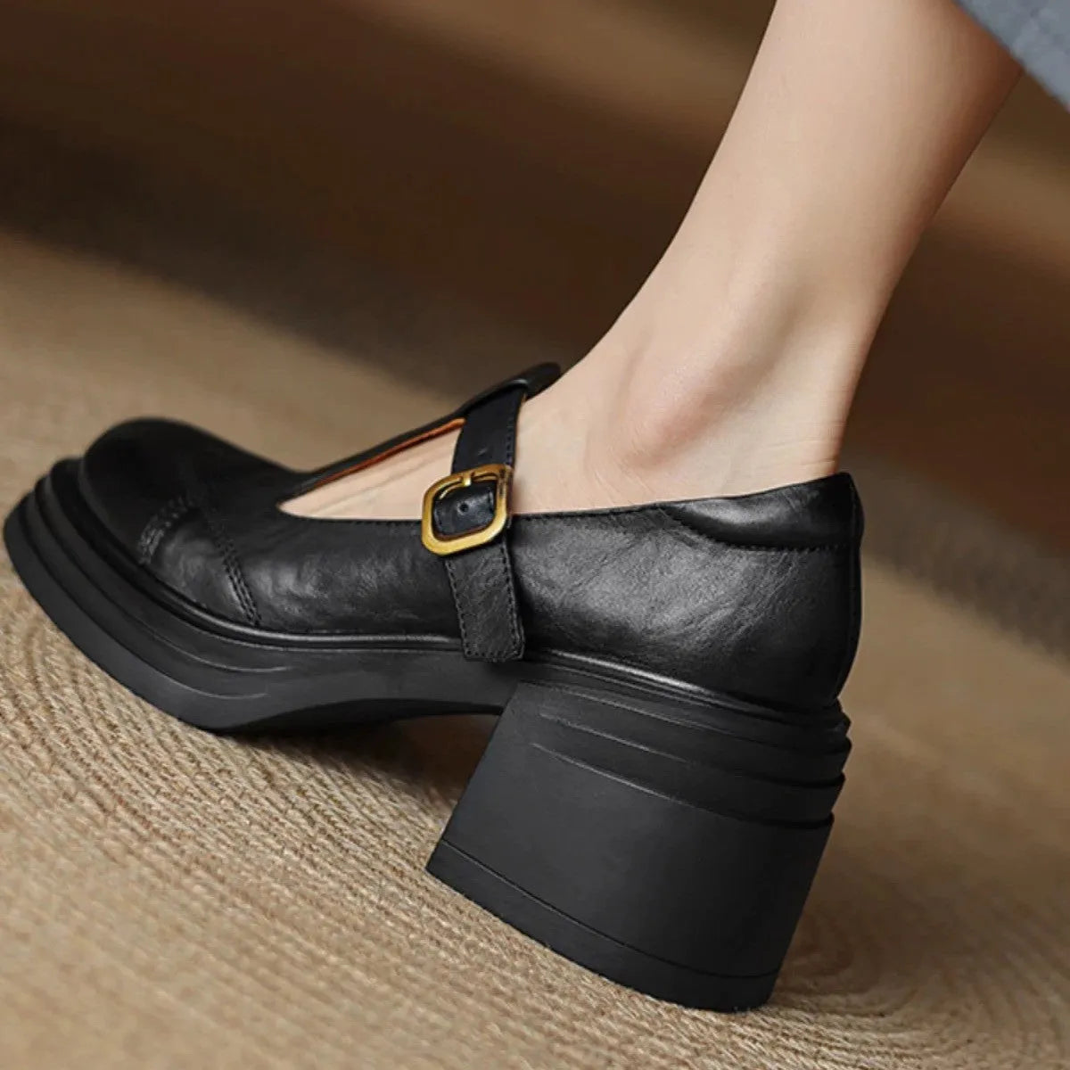 Soft leather Mary Jane pumps with chunky heel and belt decoration in black and brown, round toe, sizes 34-40