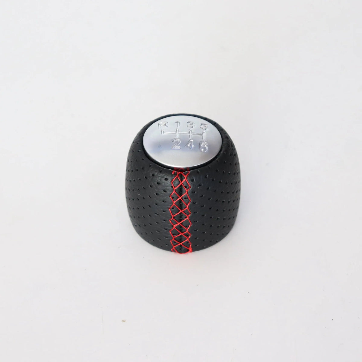 Sewn wrapped perforated leather gear lever handball for Alpha car in black, red, and white line options.