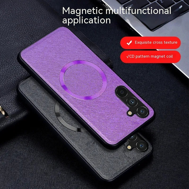 Magnetic protective cross CD phone case for Samsung in imitation leather with anti-fall and anti-fingerprint finish, Charming Purple colour