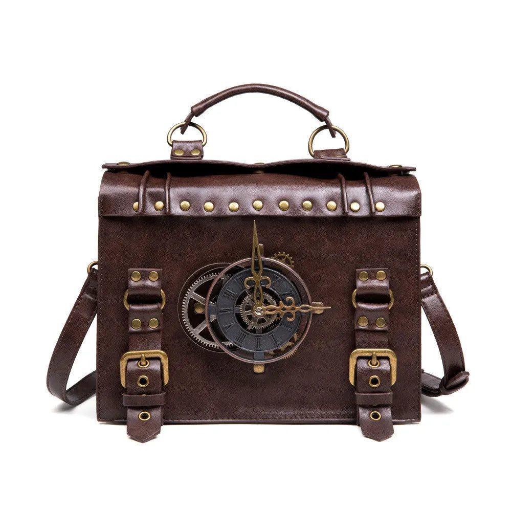 Bronze steampunk pillow shoulder bag with metal hardware on a structured square PU body.