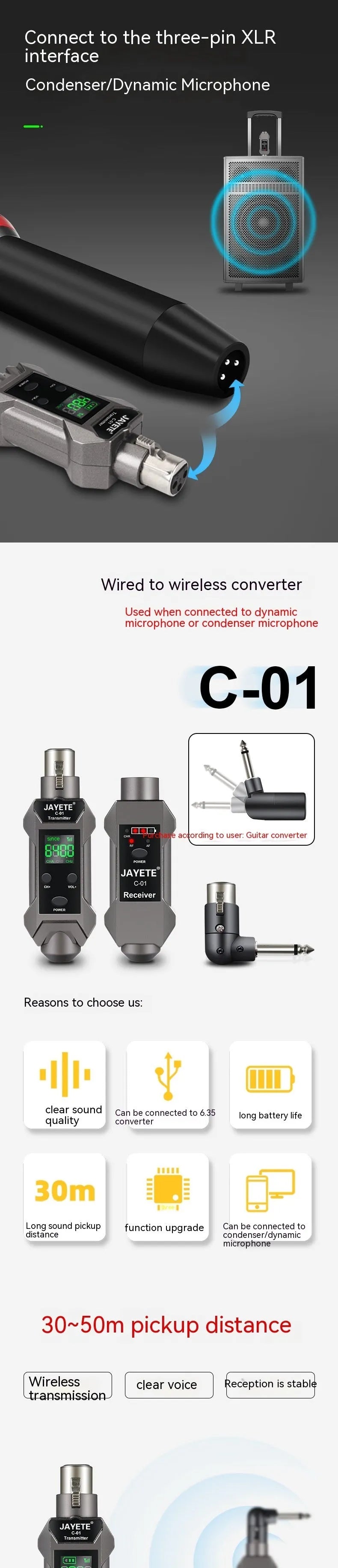 Wireless microphone converter set with transmitter, receiver, and converter head for moving coil and condenser mics, 15x15x5cm
