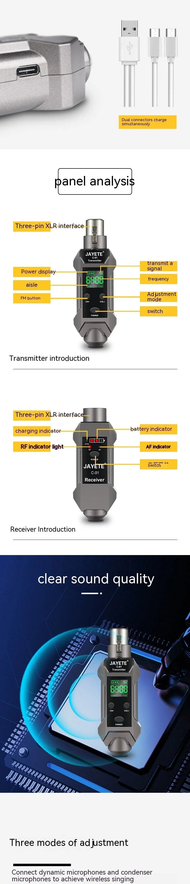 Wireless microphone converter set with transmitter, receiver, and converter head for moving coil and condenser mics, 15x15x5cm