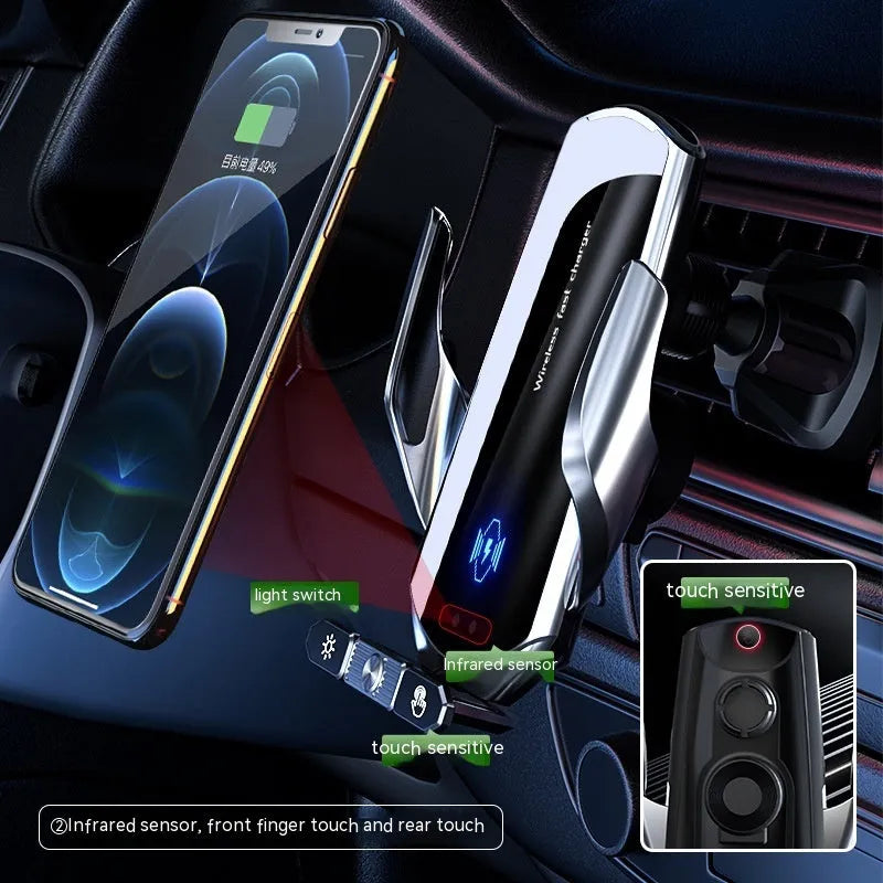Car wireless charger bracket with electric clamping on a car air vent, 15W Type-C, black finish