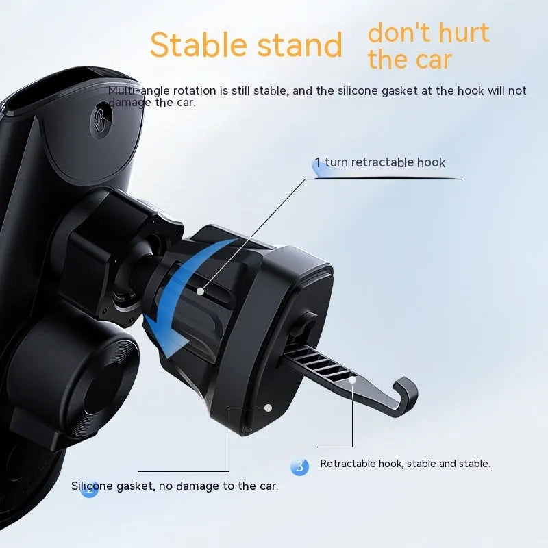 Car wireless charger bracket with electric clamping on a car air vent, 15W Type-C, black finish