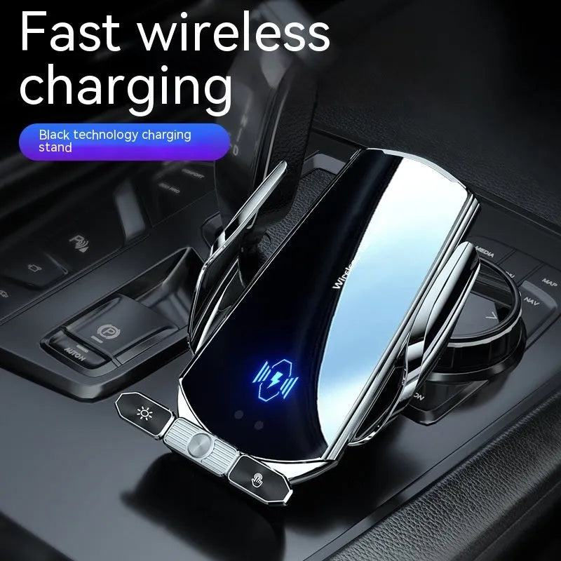 Car wireless charger bracket with electric clamping on a car air vent, 15W Type-C, black finish
