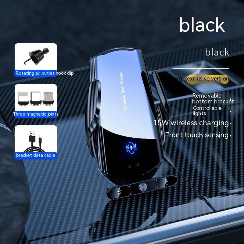 Car wireless charger bracket with electric clamping on a car air vent, 15W Type-C, black finish