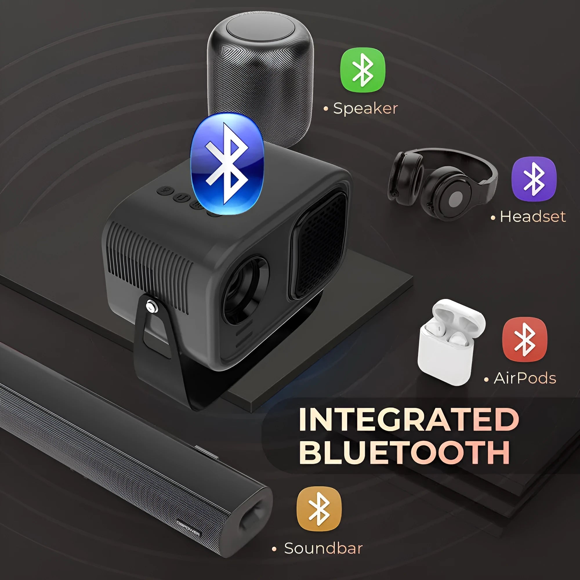 Black portable smart projector with remote control on table