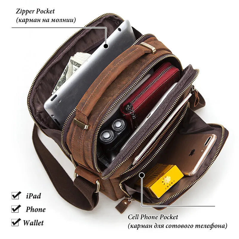 Men's brown Crazy Horse leather crossbody bag with single shoulder strap showing visible sewing lines