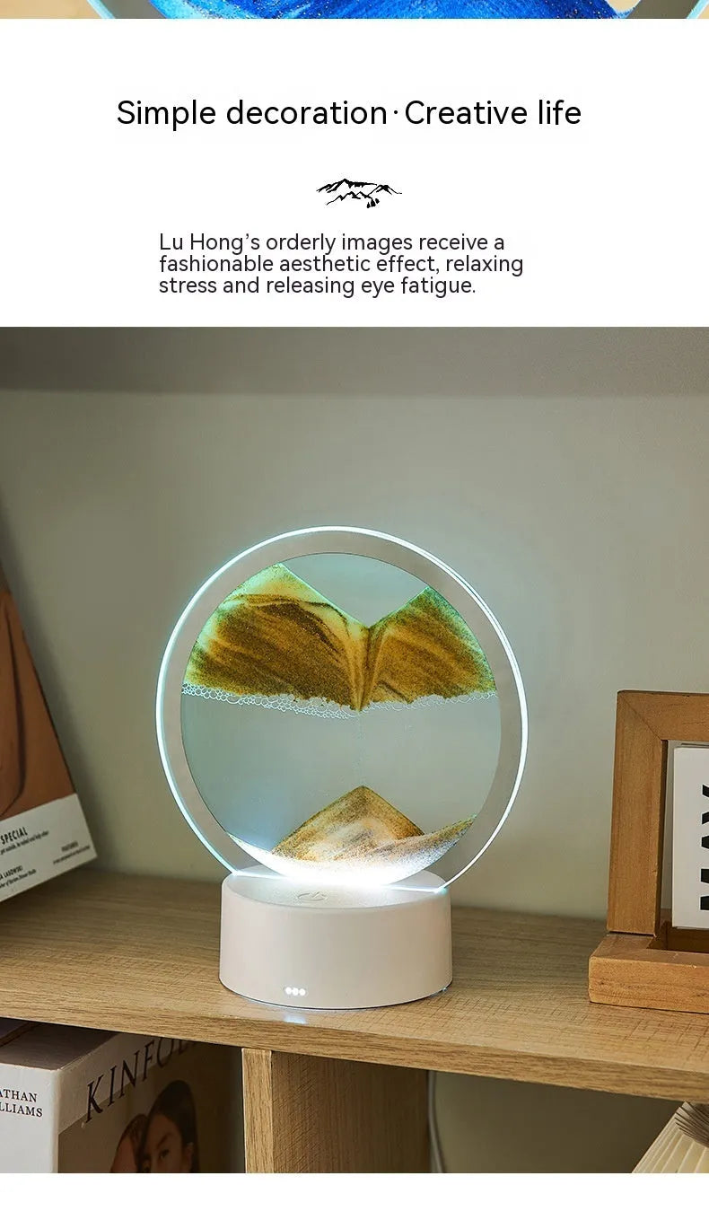 Creative gift quicksand lamp with acrylic lampshade and touch switch showing flowing sand painting in colourful light