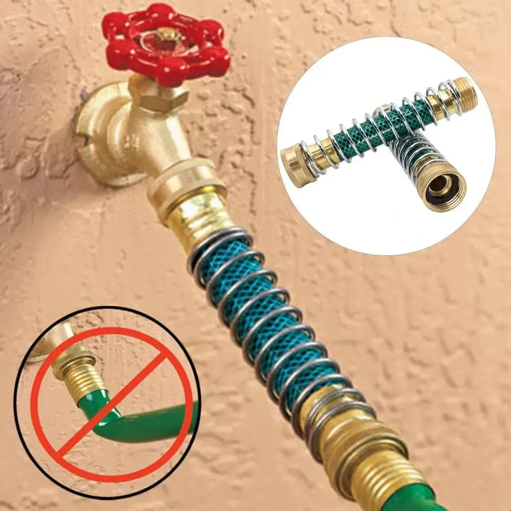 Brass garden hose sprinkler connector with spiral spring mechanism and threaded joints