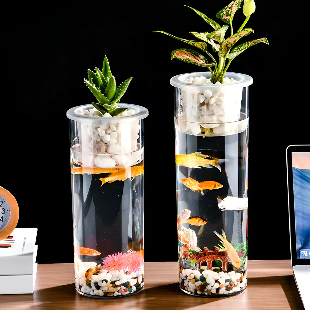Transparent column fish tank made of PET and PP, cylindrical shape for desktop aquarium or micro landscape pot.