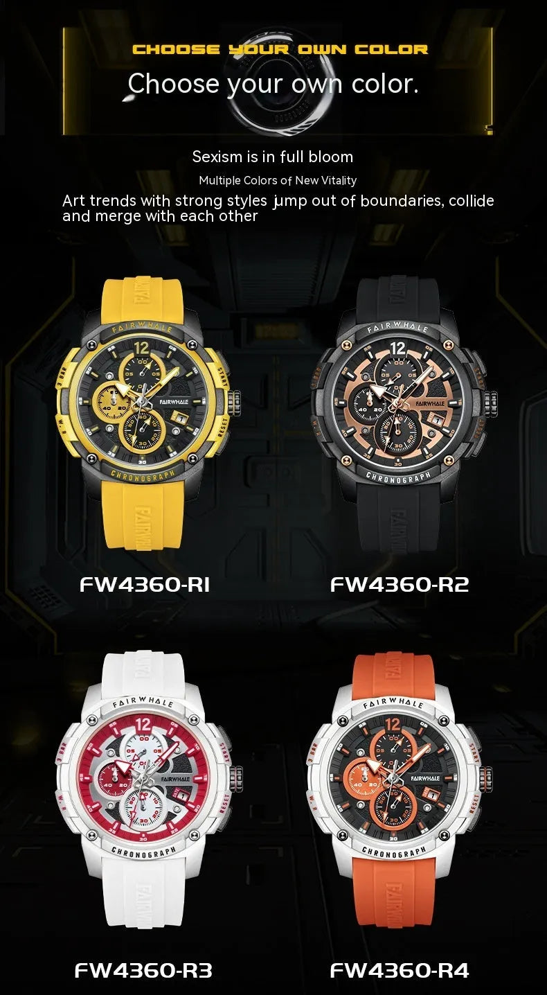 Men's quartz multifunctional watch with black dial and black tape strap, 11mm thickness, sport style