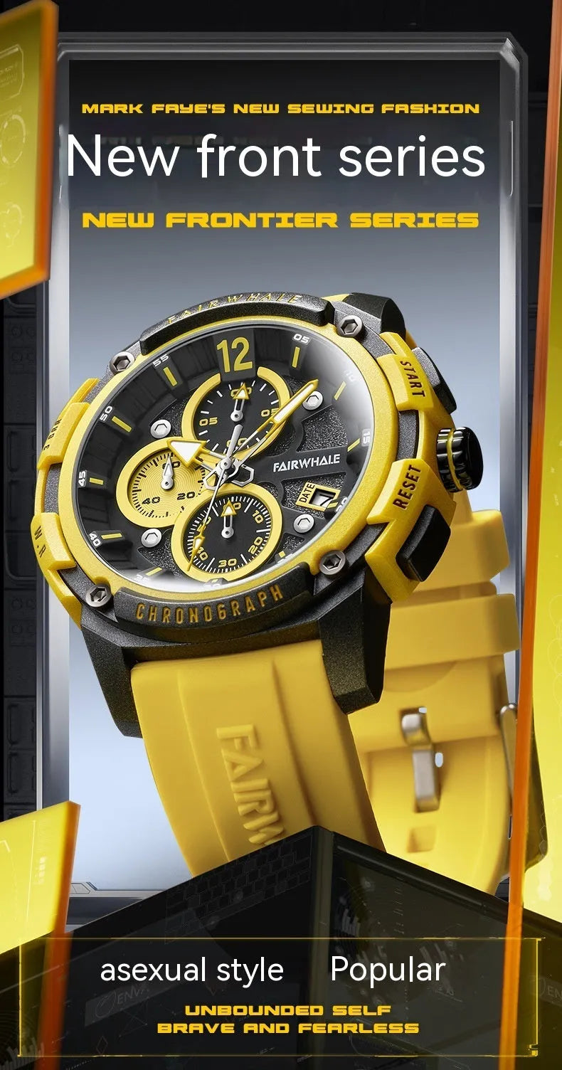 Men's quartz multifunctional watch with black dial and black tape strap, 11mm thickness, sport style