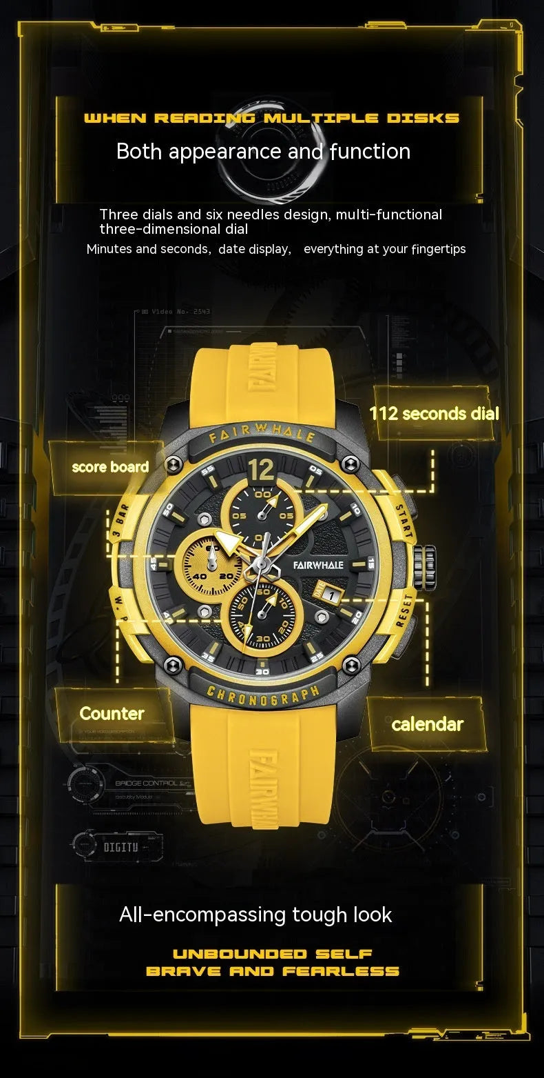 Men's quartz multifunctional watch with black dial and black tape strap, 11mm thickness, sport style