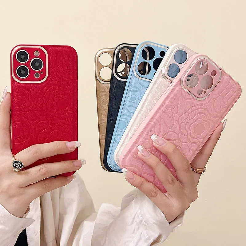 Camellia leather pattern phone case in antique white for iPhone with soft edge and hard back drop protection