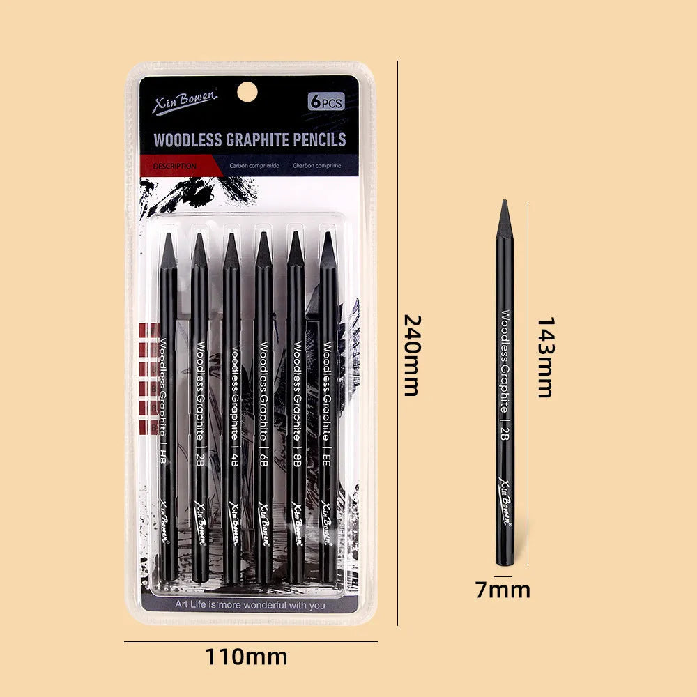 Set of six wood-free graphite sketching pencils in different grades for artistic drawing