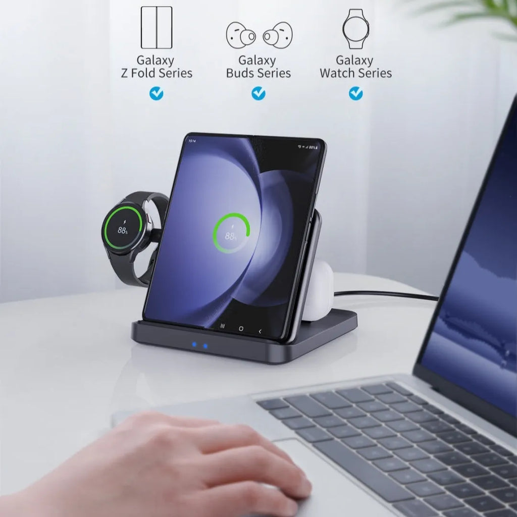 White three-in-one wireless charger with foldable bracket holding a folded smartphone