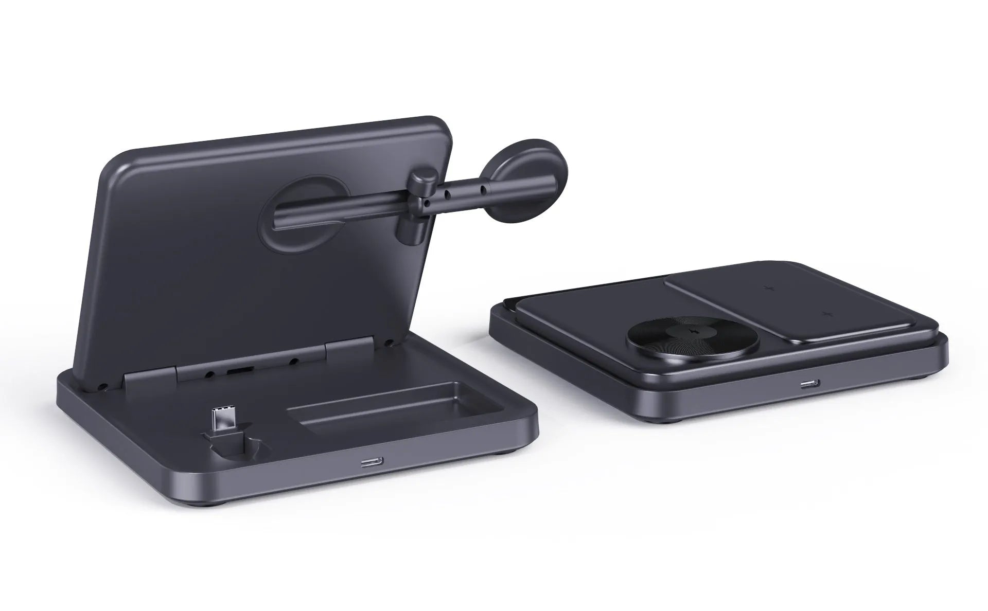 White three-in-one wireless charger with foldable bracket holding a folded smartphone