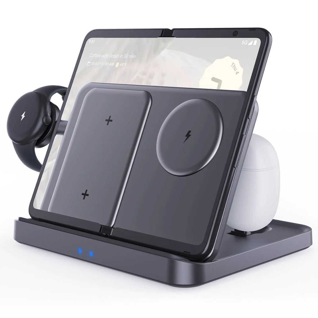 White three-in-one wireless charger with foldable bracket holding a folded smartphone